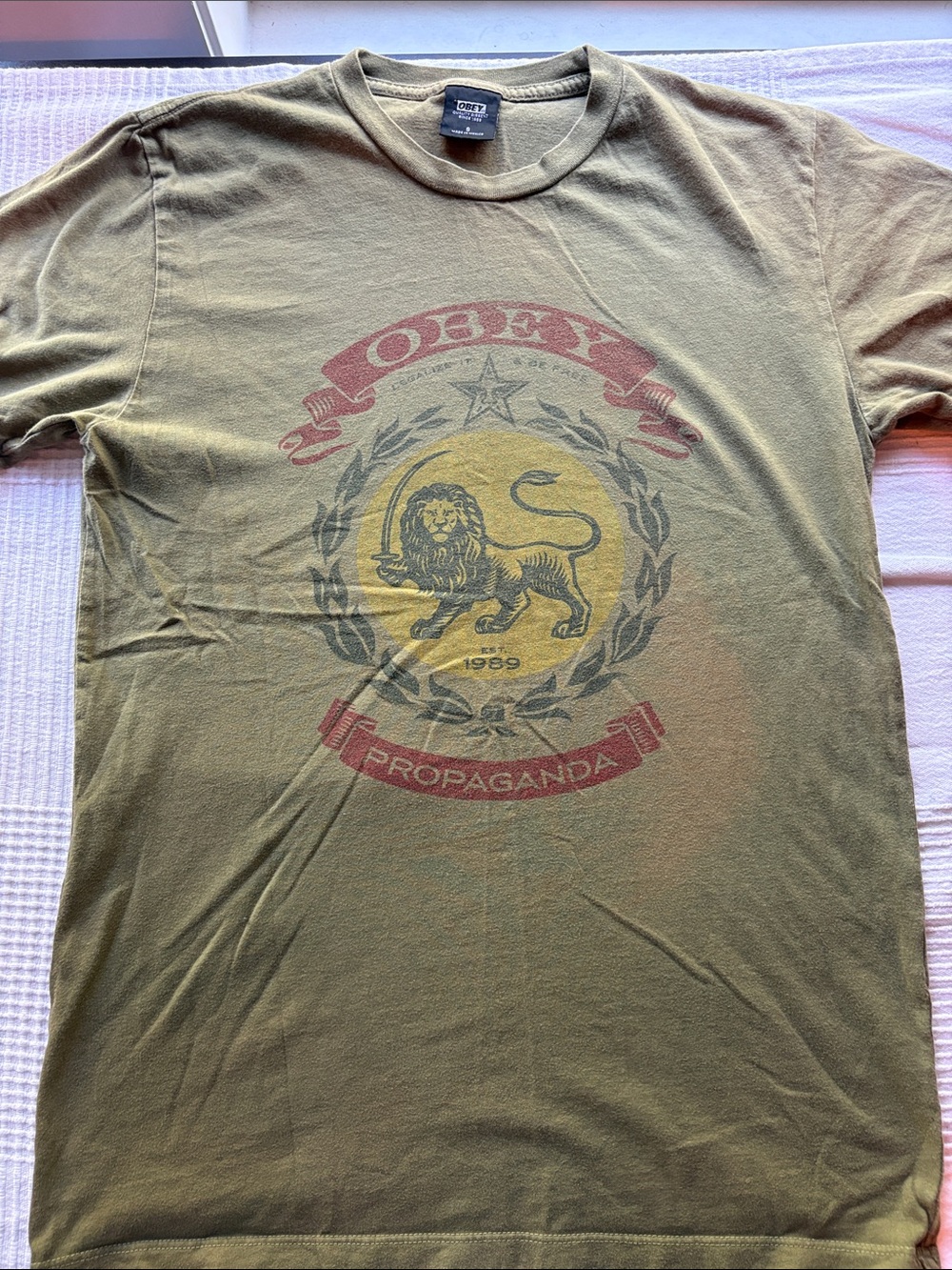 Obey Olive Green Tee with Red & Yellow Lion Crest